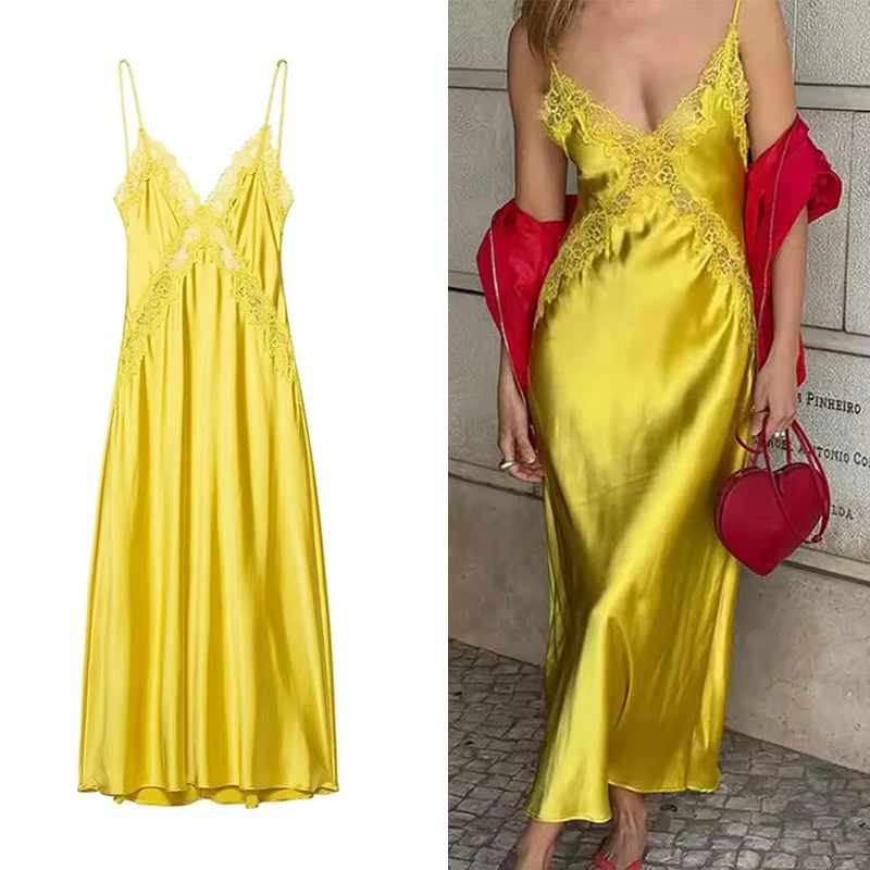 レディースドレス レース サテン スリップドレス 夏 2025 セクシー イブニングパーティードレス レディース ミディ丈 イエロー ノースリーブ バックレス ベスティドス