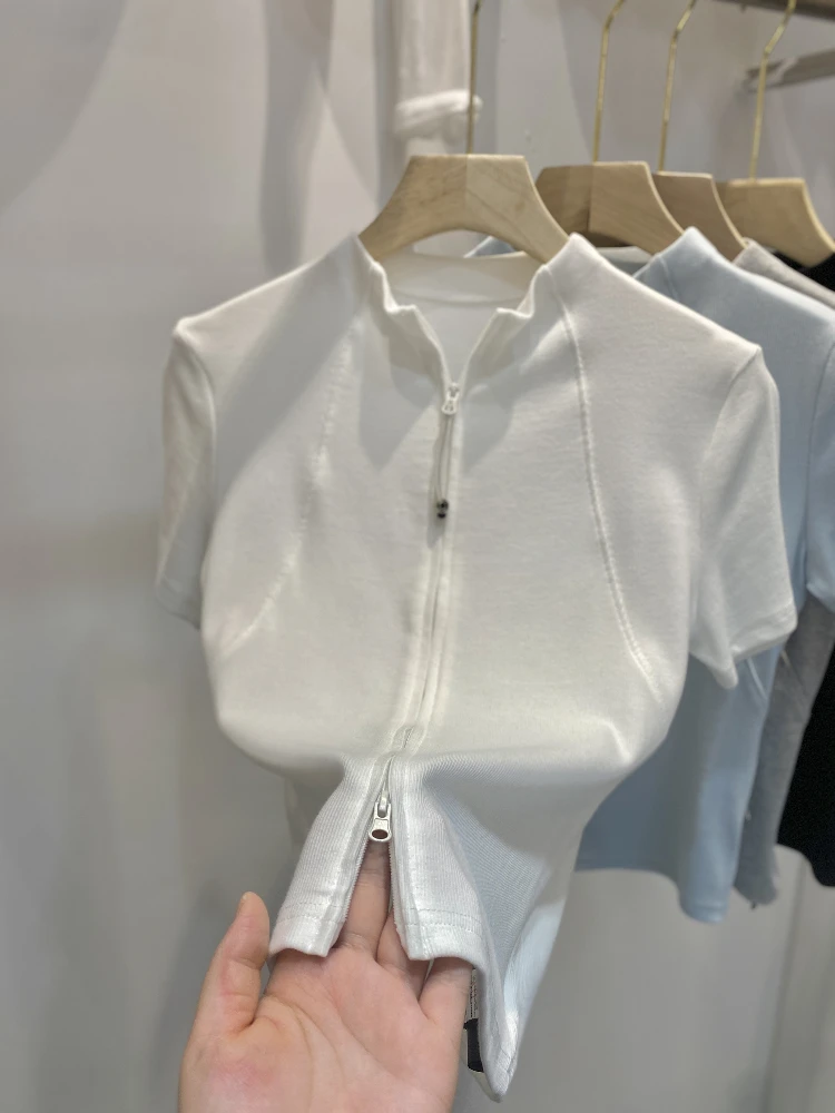 T-shirt ort Sve slim fit con doppia cerniera coreana Sle Commute Top da donna in poliestere di colore puro estivo nuovo arrivo