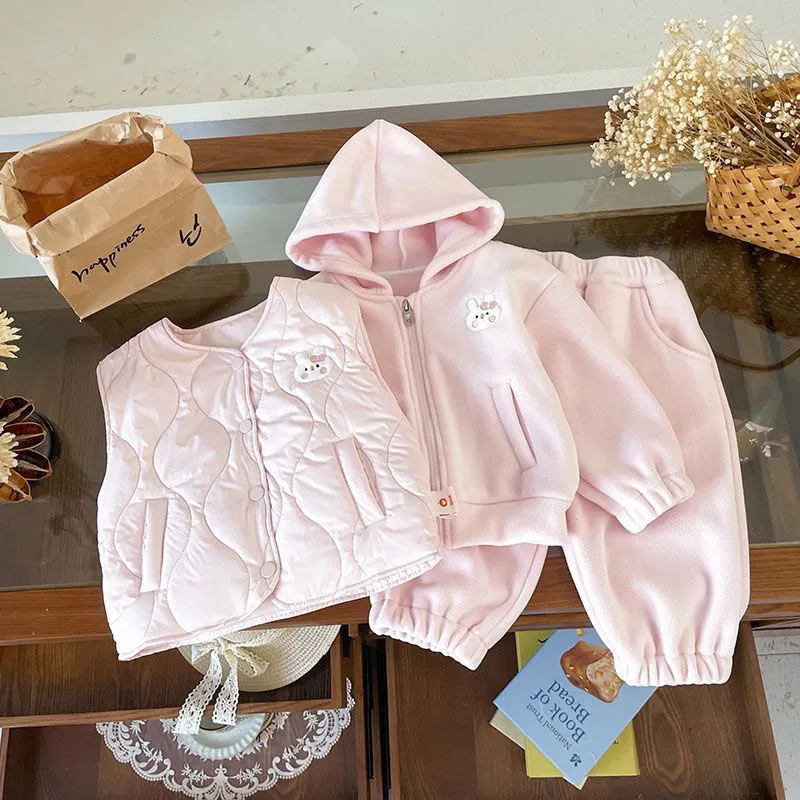 Girls Autumn Winter Clothing Set New Fashion Kids Solid Color Rabbit Embroidery Hoodie Vest Sweatpants 3-Piece Outfit