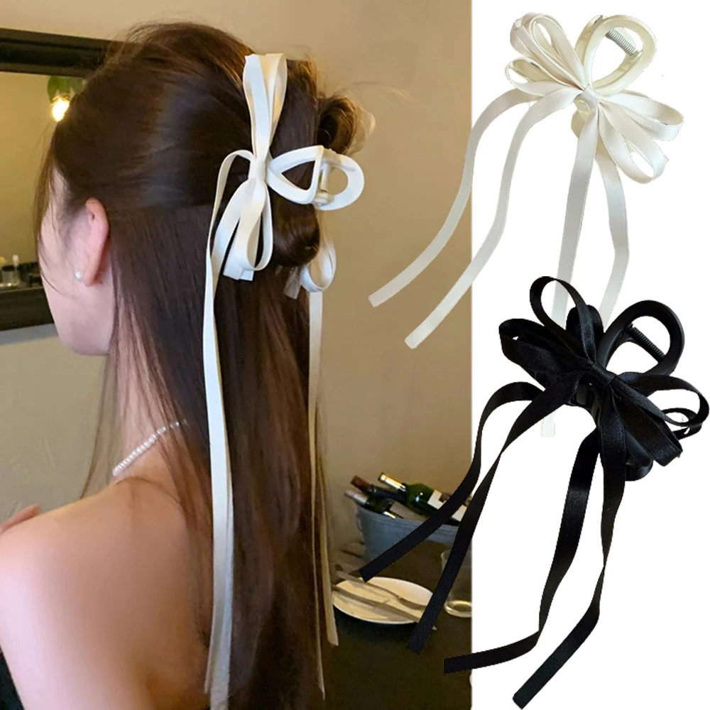 Y2k Long Ribbon Bowknot Hair Claw Big Bow Women Girls Hair Clips Back of Head Shark Clip Hairpin Korean Fashion Hair Accessories