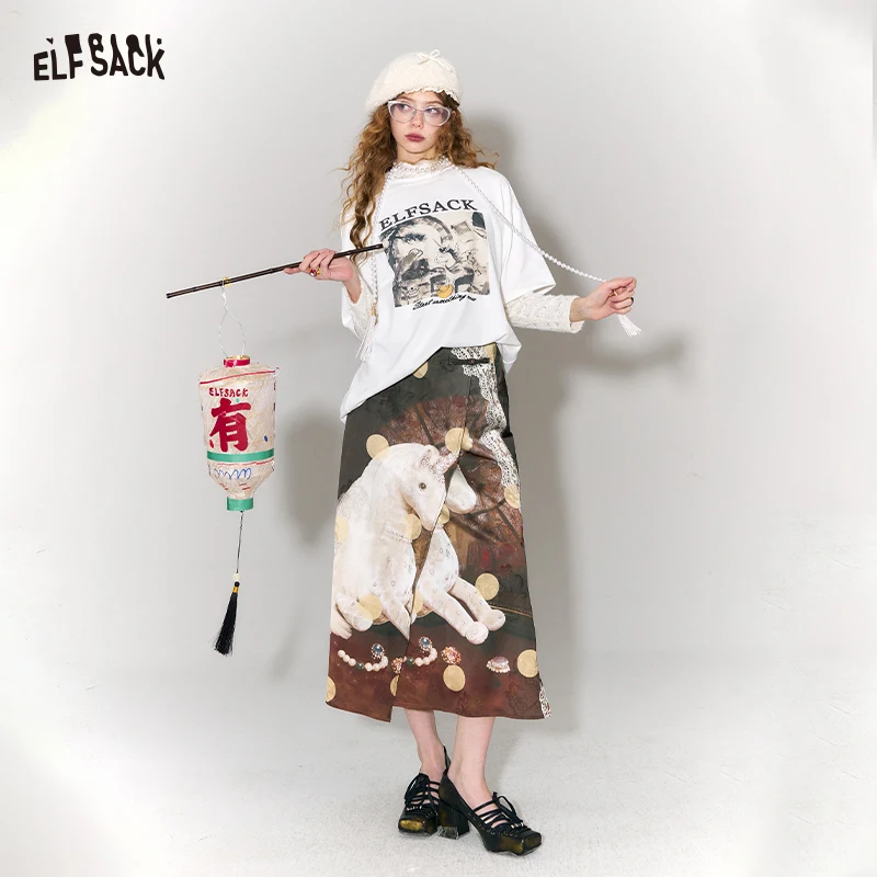 ELFSACK Boho Horse Print Skirt for Women, Mid-Length A-Line with Lace Detail & Side Slit, Spring Summer Flowy Skirt