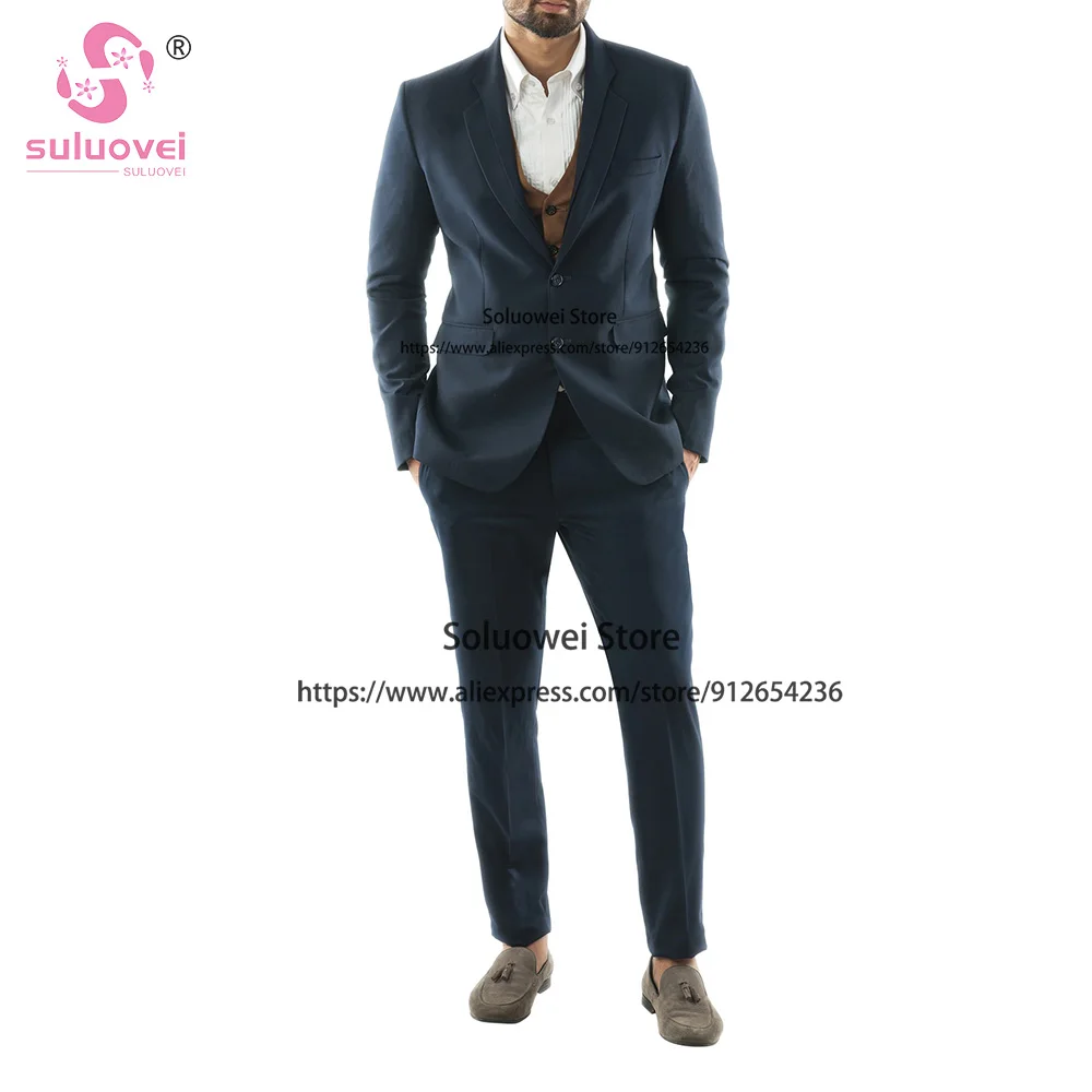 Clássico azul marinho fino ajuste ternos para homens elegante 3 peça jaqueta colete e calças conjunto formal noivo casamento smoking vestidos de novia