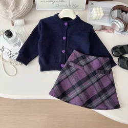 Girls Suits Autumn Winter Knitted Sweater Cardigan+Tweed Plaid Skirt Fall Princess Kids Casual Clothing Girls Outfits Set 2-7Yrs