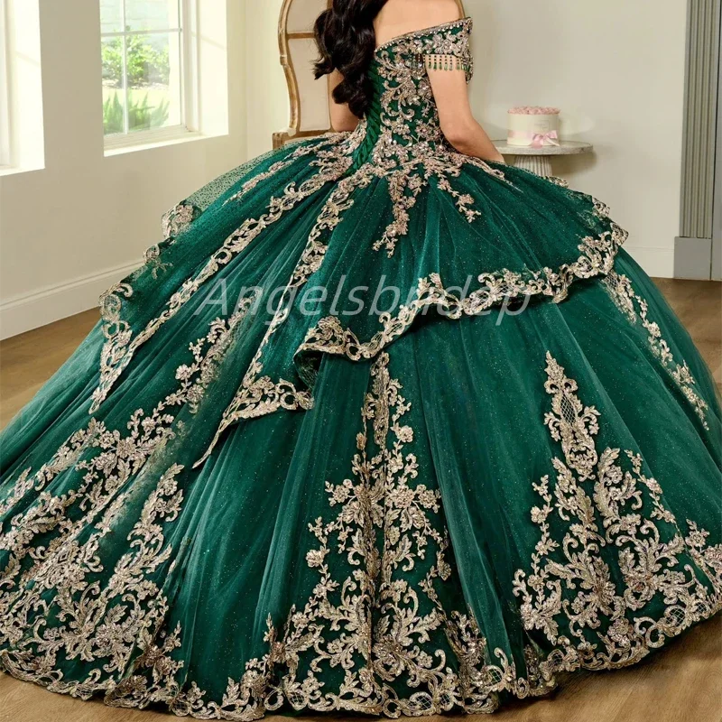 Angelsbridep personalizado verde esmeralda vestido de baile quinceanera vestidos 2025 glitter tule doce 16 vestido de noite 15 anos