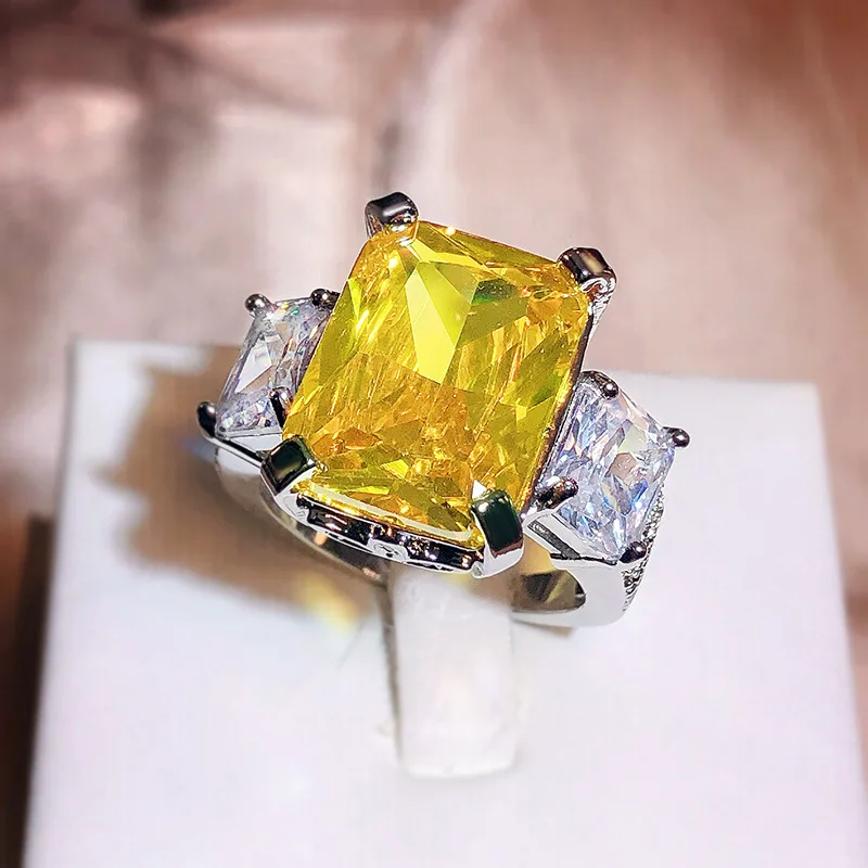 

Geometry S925 Silver Jewelry Ring for Women Rectangle Large Yellow Gemstones Zirconia Female Wedding Party Accessory