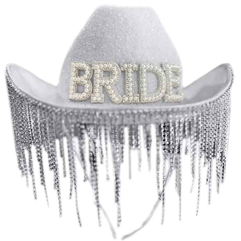 49MD Cowgirl Hat Shining Fringe Hat Western Hat Elegant Tassels Modern Hat Photo Props Glinting Crystal Fringe for Stage