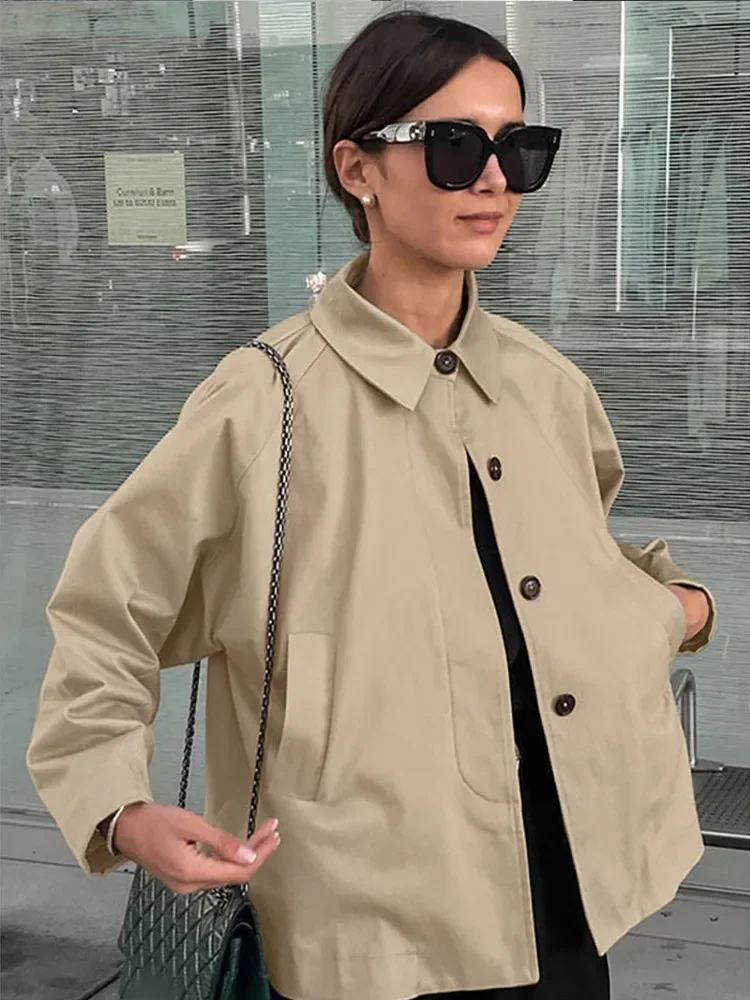 Khaki Single Breasted Lapel Short Windbreaker Women Casual  Long Sleeved Crop Thin Loose Coat Autumn Female New Street Outerwear