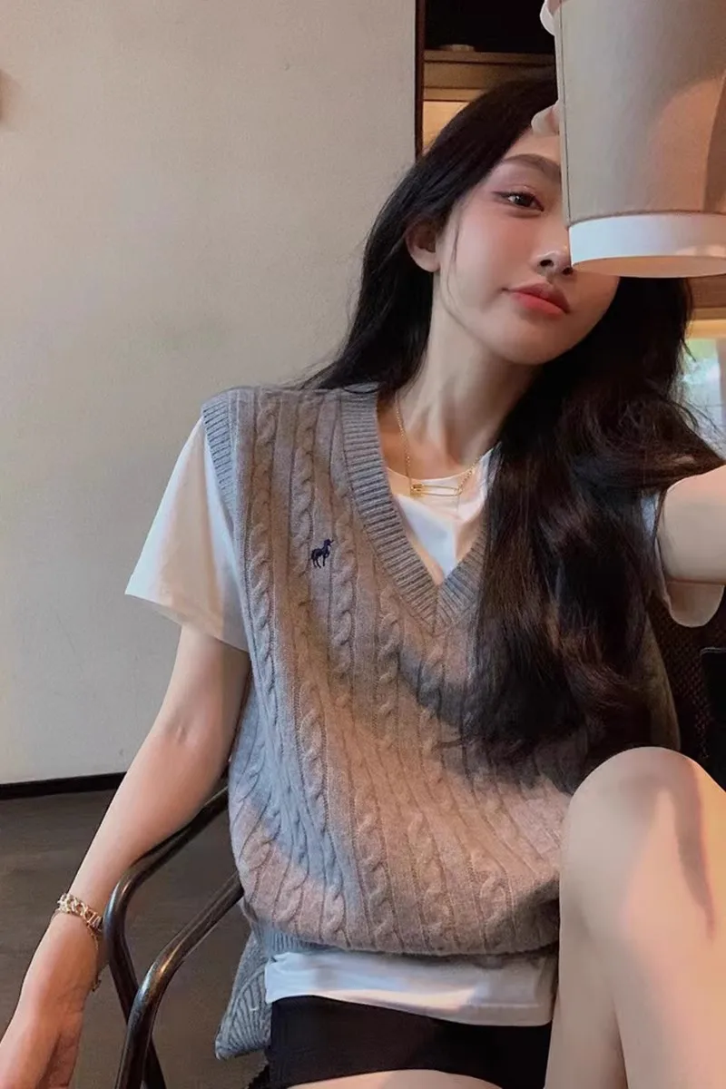 Embroidery V-neck sweater sweater sweater vest women early autumn thin loose outside to wear sleeveless vest