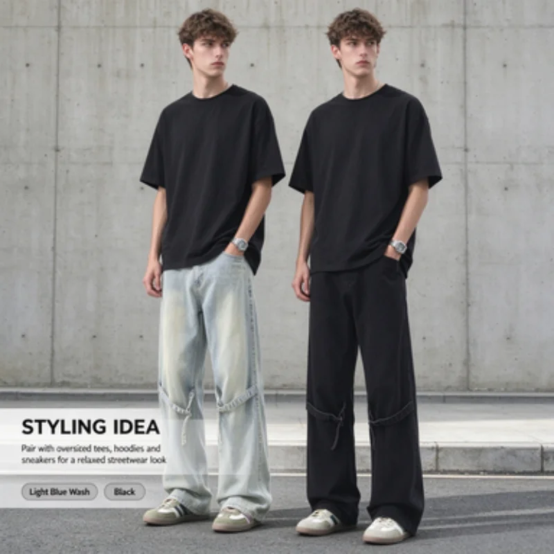Men's Vintage Washed Jeans, Loose Straight-Leg, Soft and Durable, Hip-Covering, Casual Pants for Young People