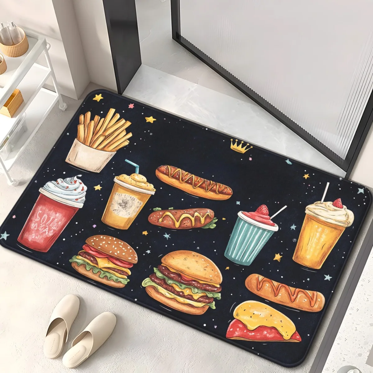 Fast Food Snack Doormat - Burger Fries Soda Print Floor Mat, Fun Kitchen Entry Rug, Non-Slip, Multiple Sizes