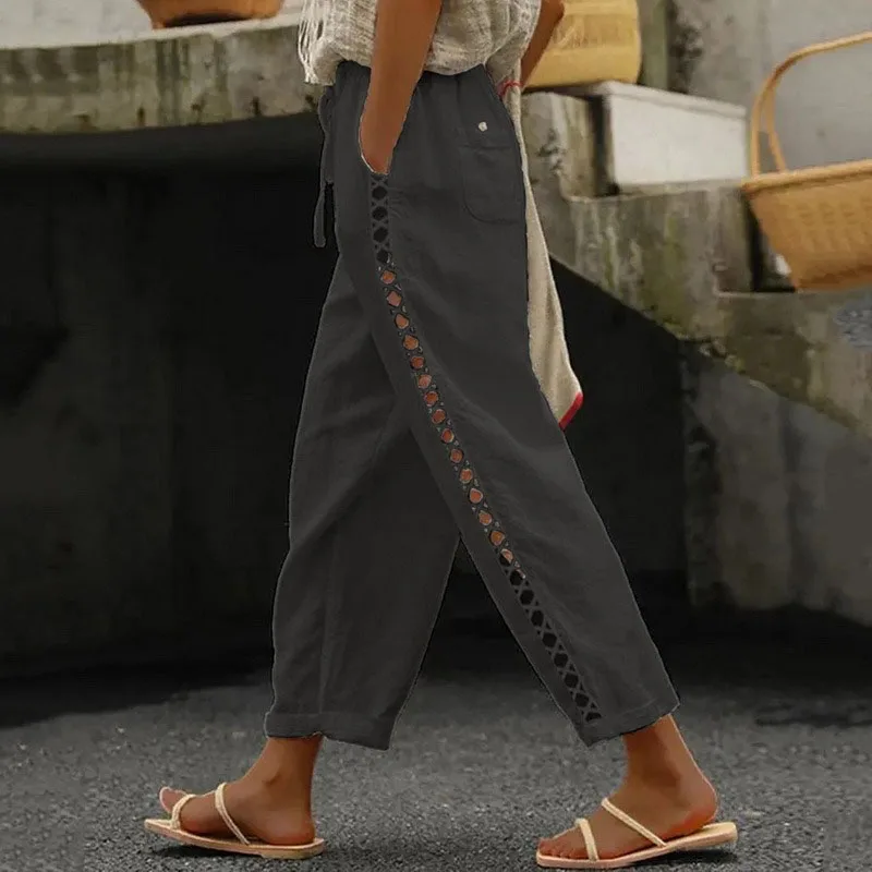 Summer Lace Stitching Hollow Casual Trousers Women Solid Loose Cotton Linen Harem Pants Woman Vintage Ankle-Length Wide Pants