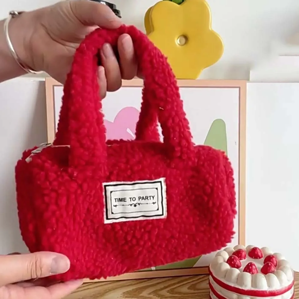 

Durable PP Cotton Christmas Handbag Shoulder Purse Large Capacity Plush Red Bag Thickened Soft Color Block Storage Pouch Female