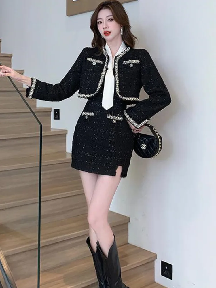 طقم تويد نسائي جديد لعام 2025 جاكيت أسود وفستان قصير مكون من قطعتين تنورة قصيرة بدلة أنيقة صغيرة موضة الخريف للسيدات #6