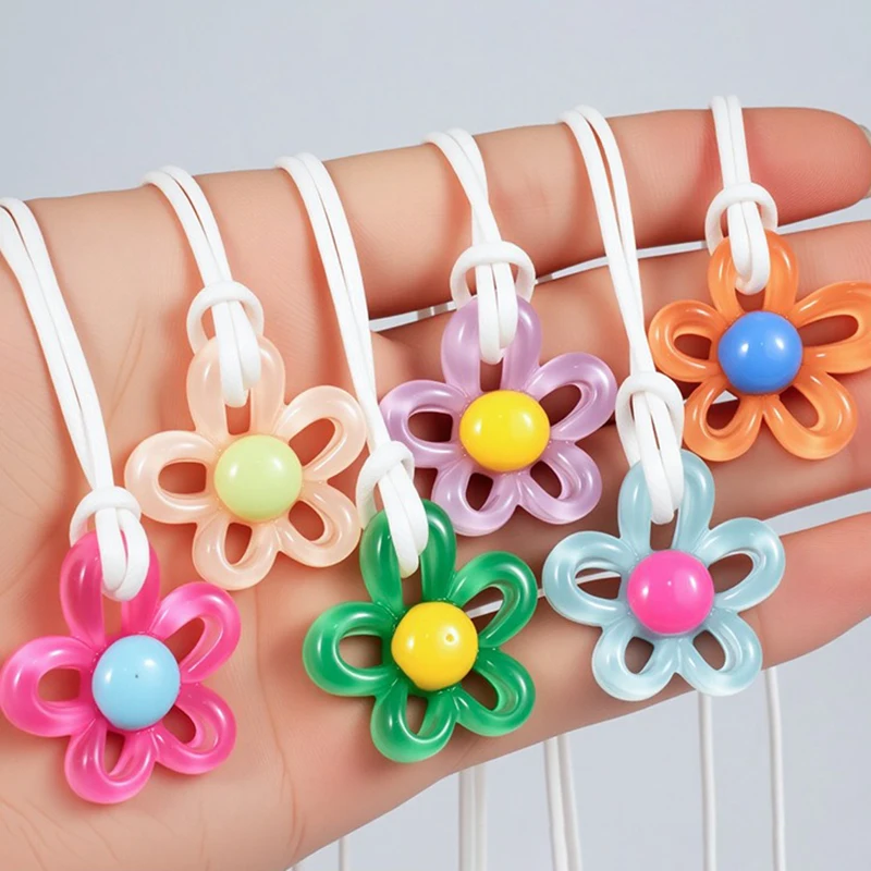 Colorful Acrylic Flower Pendant Wax Line Necklace Fashion Neck Handmade Chain Charm Statement Women Pendulum Y2K Jewelry Gift