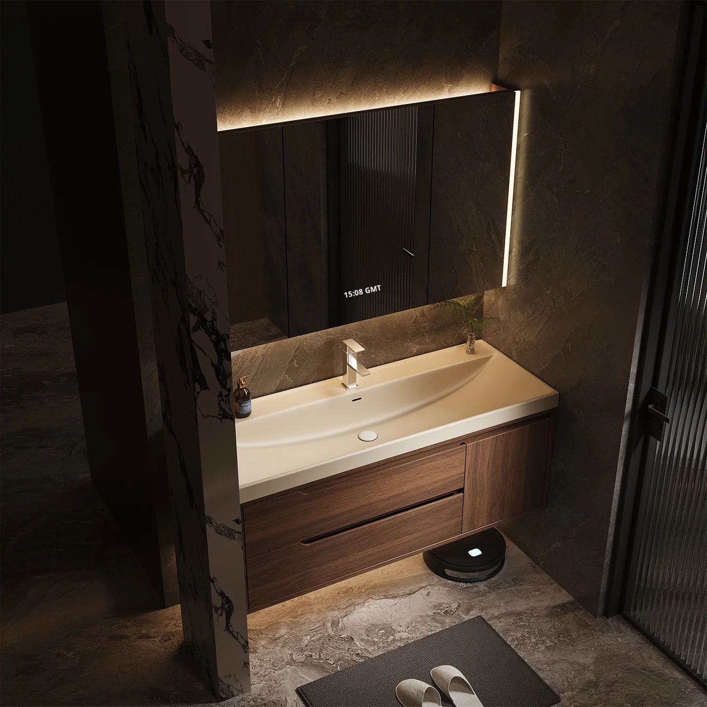Modern Style Ceramic Basin Integrated Bathroom Cabinet Set with LED Mirror Floor Standing Waterproof Washbasin Face Basin