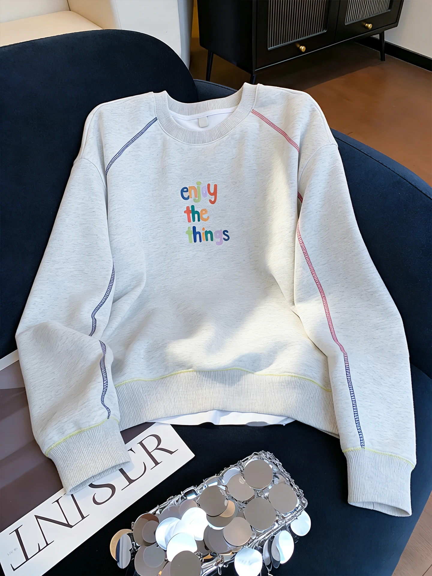 

Korean Sle Unique Letter Print round Ne Sweatirt Women Spring Autumn Design Loose Top Youthful Faion