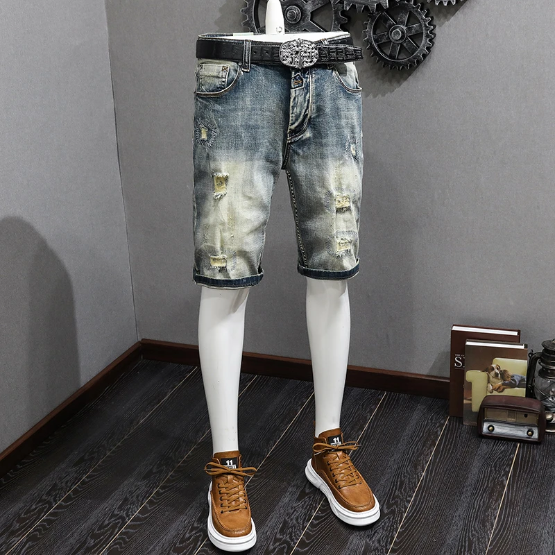 

Ripped Motorcycle Denim Shorts Men's Summer Thin Trendy Retro Funny All-Matching Slim Fit Stretch Casual Fifth Pants