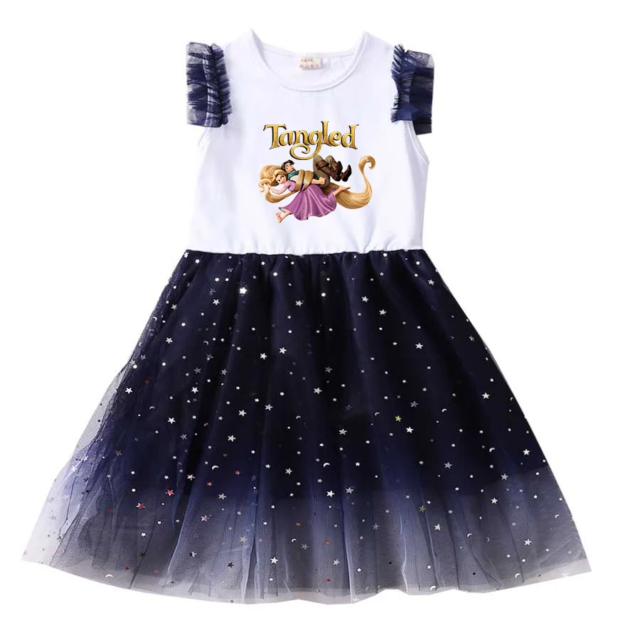 Tangled Rapunzel Summer Kids Dresses for Girls Kids Cartoon Short Sleeve Princess Dress Children's Prom Mesh Dresses