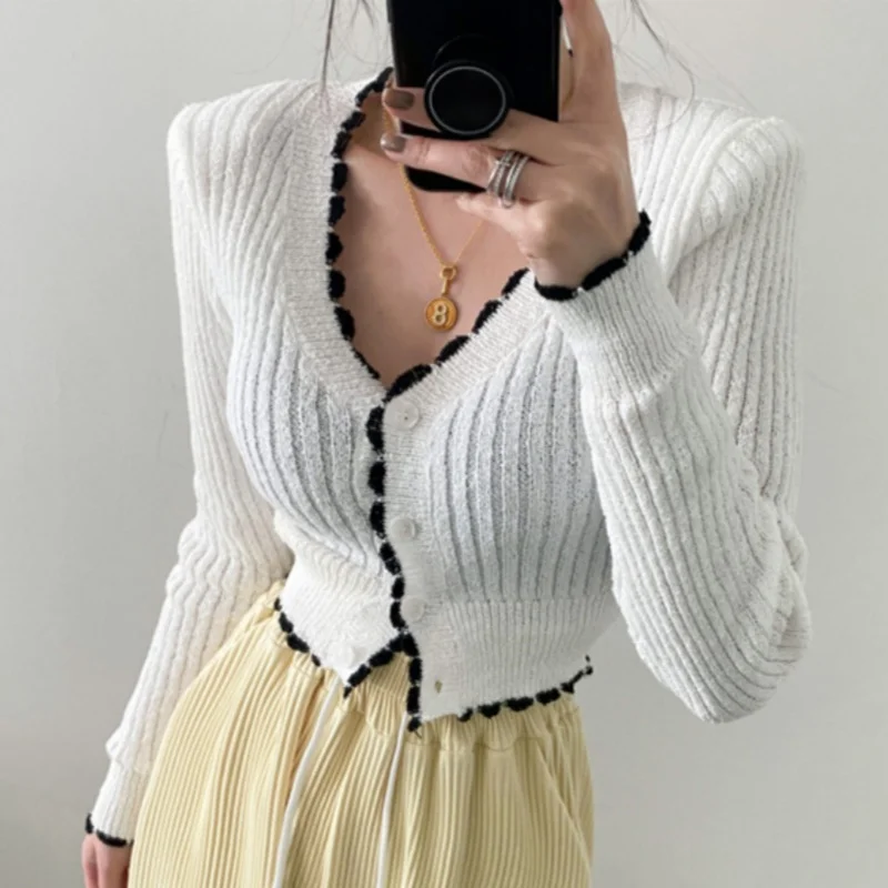 

REALEFT Summer Hollow Out Patchwork Women's Short Cardigan Long Sleeve V-neck Casual Loose Knitted Sweater Outwear Female 2025