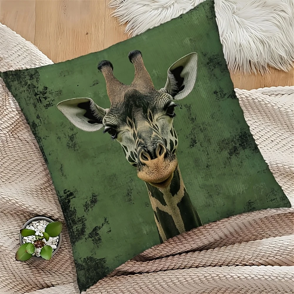 2D flat- Vintage Giraffe Print Square Throw Pillow Cover Rustic Green Wild Animal Home Decor Cushion Case for
