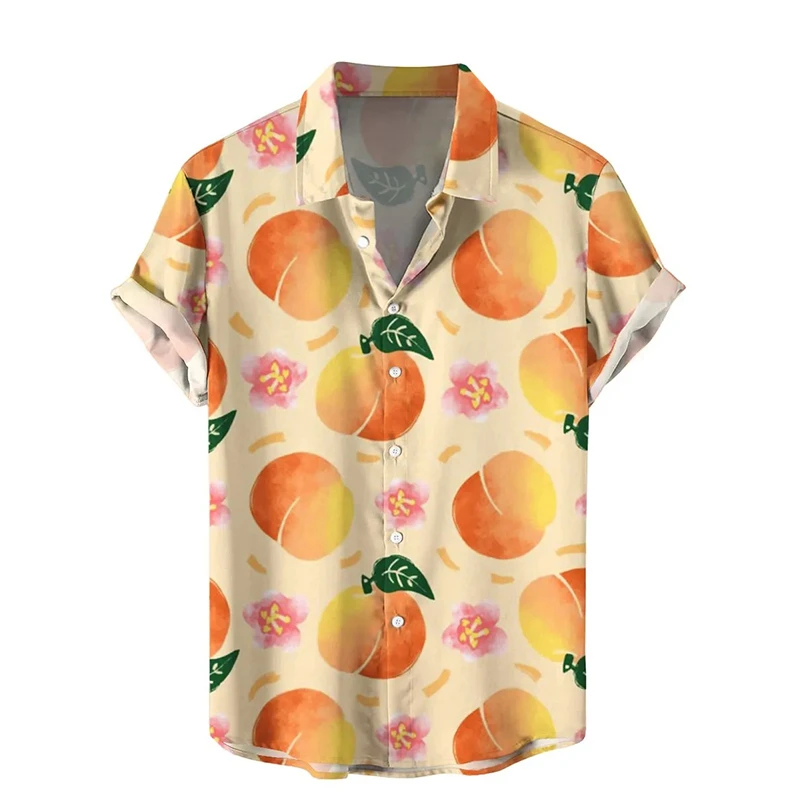 New 2024 Summer Shirts Hawaii Short-sleeved 3D Printed Fruit Peach Men's Women's Beach Travel Casual Oversized Buttons Blouse