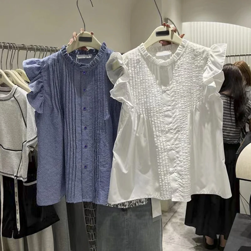

Stylish Pleated Blouse Women Spring Summer Flying Sleeve White Blue Tops Shirts Blusas Mujer