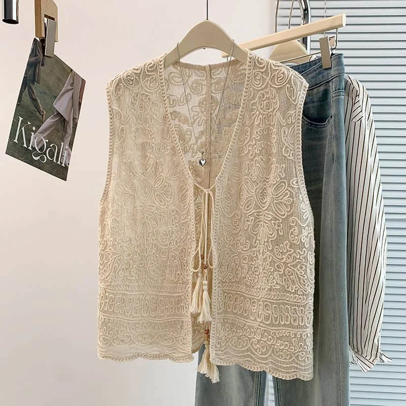 Women Tank Tops  Solid Chic Gothic V-neck Sunscreen Crop Tops Casual Korean Style Crochet Smock Sleeveless 2026 Summer Clothing