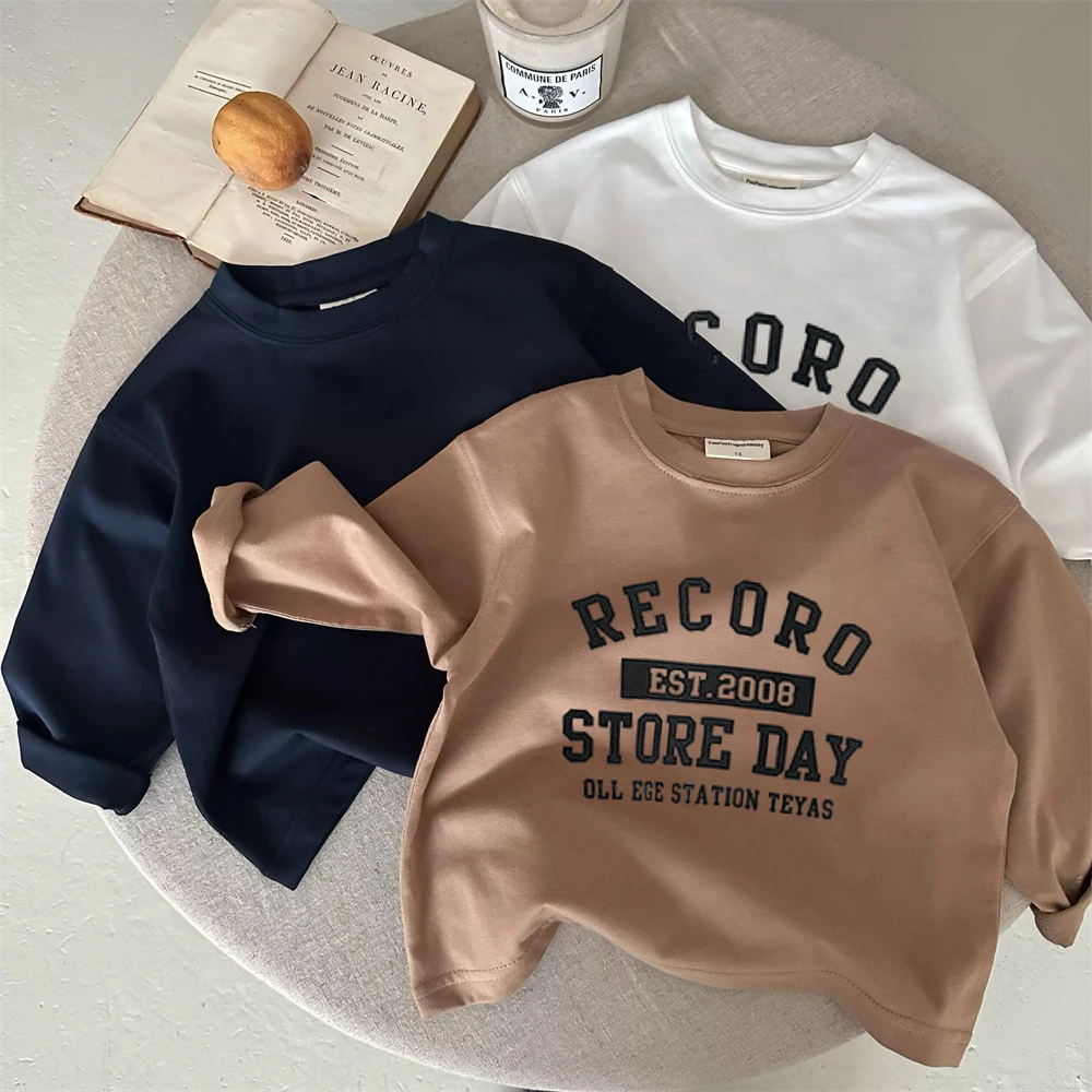 Letter Tshirts Spring/Fall Clothes Boys Fashion Simple Round Neck Bottoming Shirt Pure Cotton Tees Toddler New All-match Tops