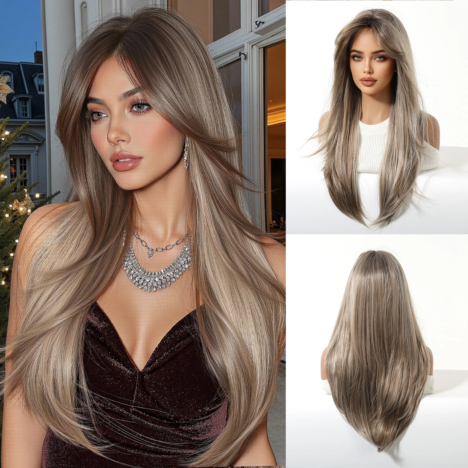 

Blonde Brown Highlight Long Straight Synthetic Wigs Medium Part Bangs Cosplay Wig for Women Use Heat Resistant Natural Fake Hair