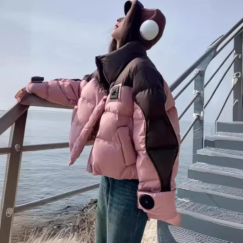 أزياء مزيج اللون النساء سترات فضفاضة سماكة سترة الشتاء البريدي أزرار مزدوجة بلاكيت تصاميم الدافئة الوقوف طوق جيوب معاطف