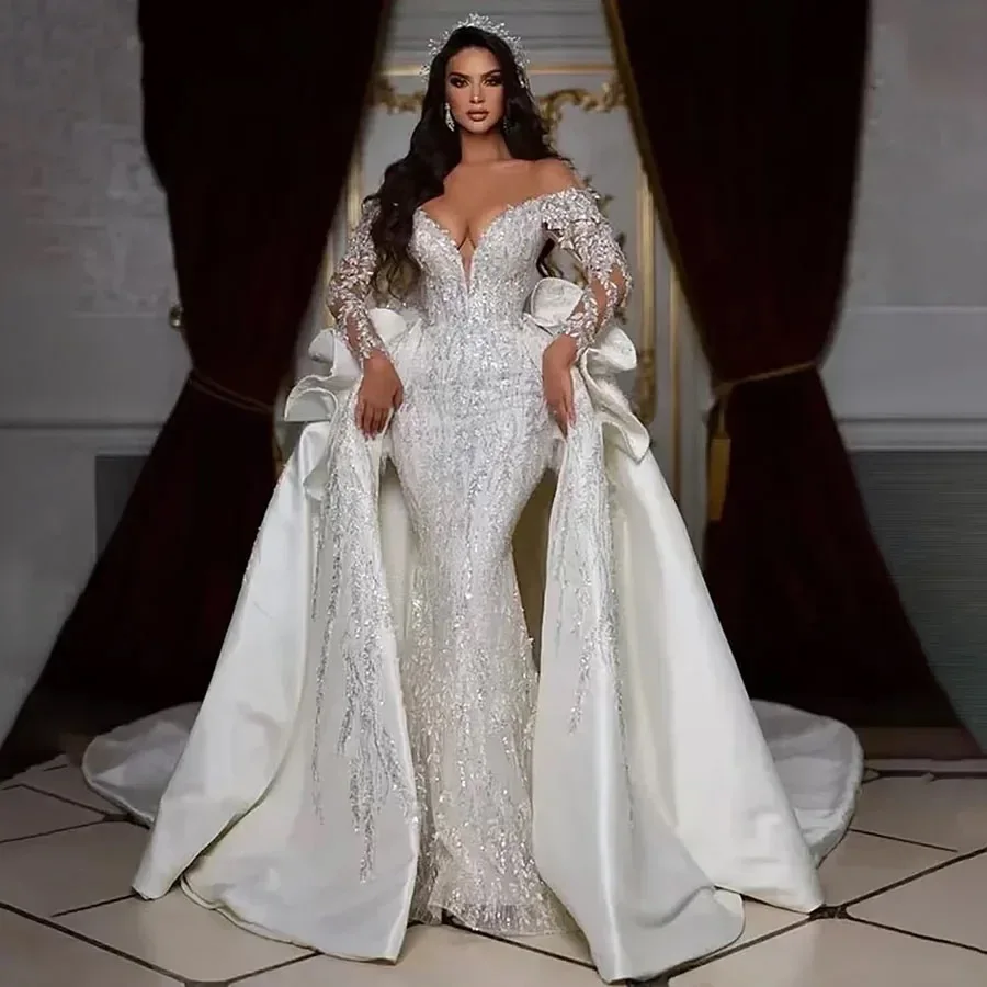 หรูหรา 2025 แฟชั่นไหล่ลูกปัดชุดแต่งงานที่ถอดออกได้รถไฟที่กําหนดเองหรูหราชุดเจ้าสาว