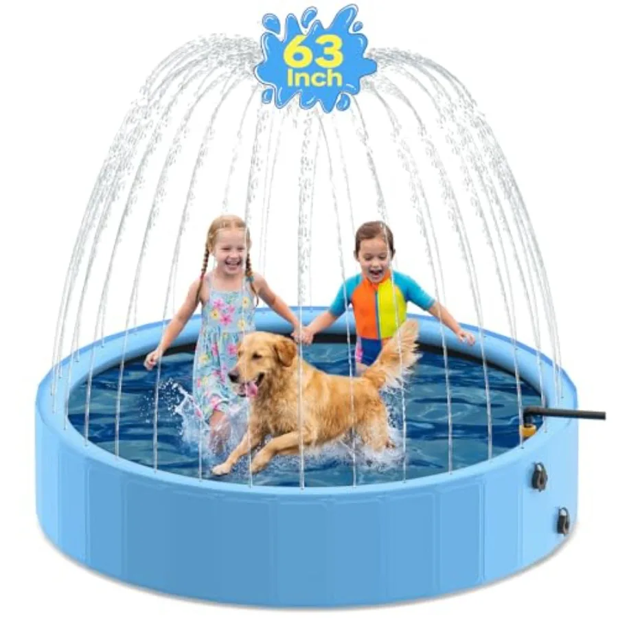 

63'' Dog Pool with Sprinkler Foldable Dog Pools for Large Dogs 2-in-1 Non-Slip Swimming Pool for Dogs and Heavy Duty Hard Plast
