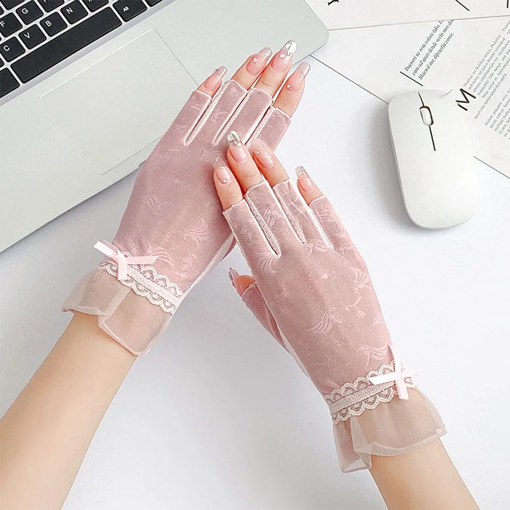 Soft Thin Women Half-finger Gloves Breathable Non-slip Sun Protection Gloves Ice Silk High Elasticity Lace Gloves Summer