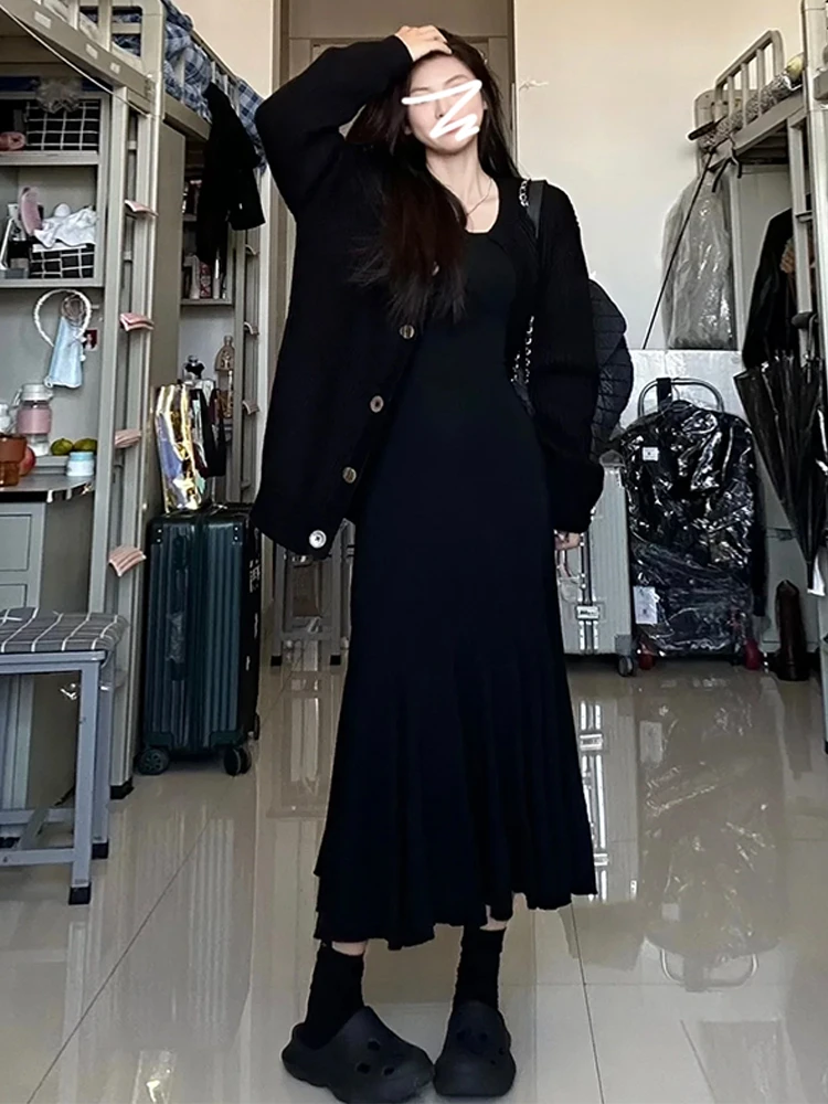 

Korean Sle Loose Fit Long Sve Bla Open Cardigan Sweater Women's Autumn New High-End Sensation Slimming Knitted Top