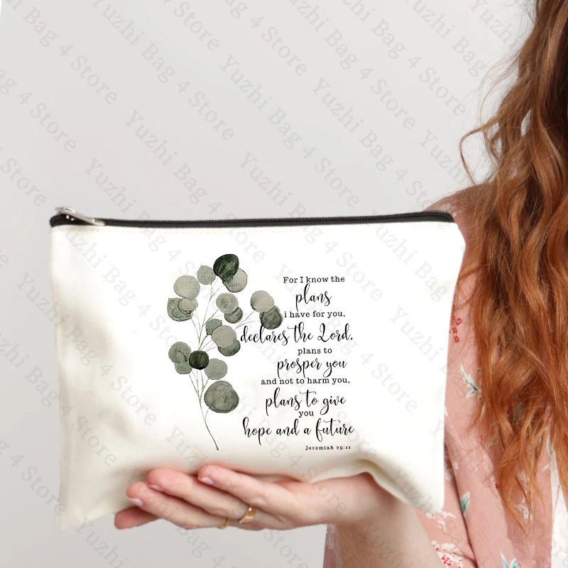 Cristã Religiosa Bíblia Escritura Bag, Jeremiah, Eucalyptus Leaf Pattern, Maquiagem, Cosmético, Aquarela, Eu Sei O Plano, 2911