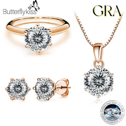 Butterflykiss S925 Sterling Silver Rose Gold Plated Jewelry Set Moissanite Necklace Earrings Ring For Women Wedding Customized