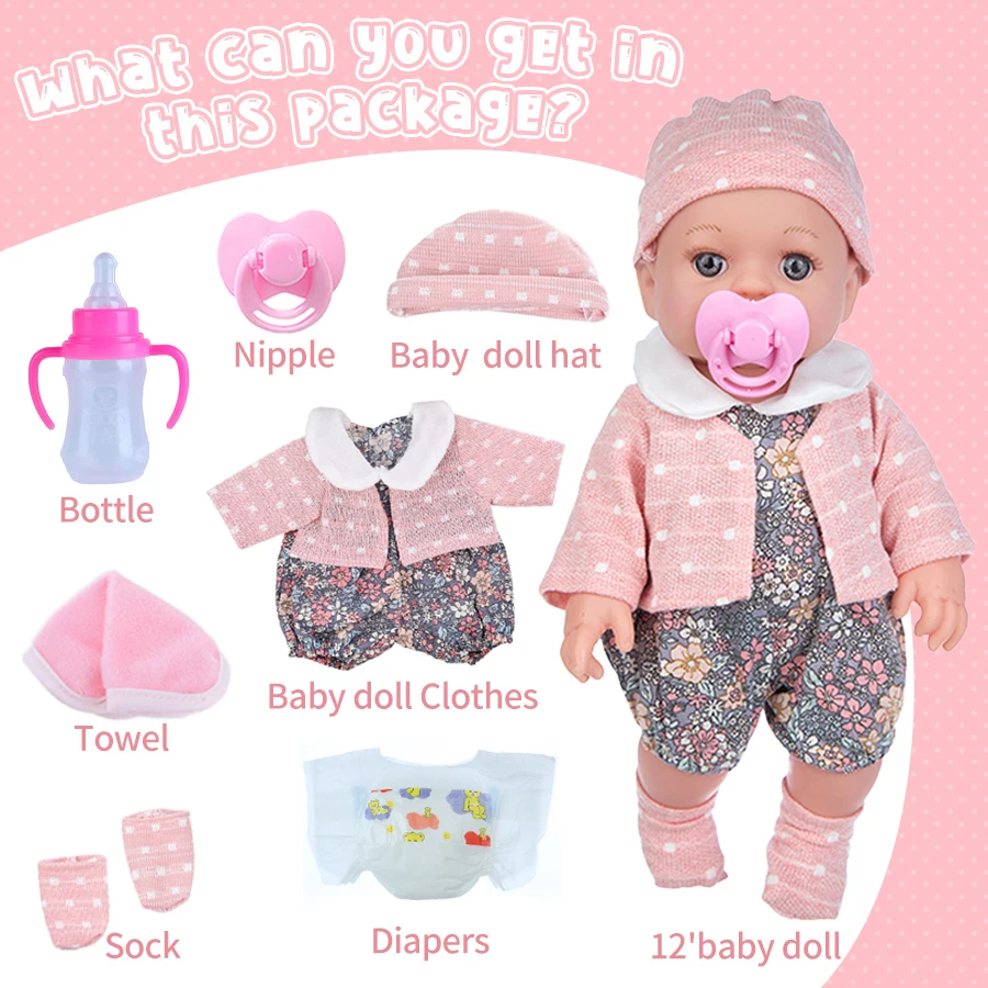 12in/30cm Reborn Doll Can Be Washed, Appease Be Education Soft Baby Doll Limb Movable and Clothes Detachable, Children's Toy Gif