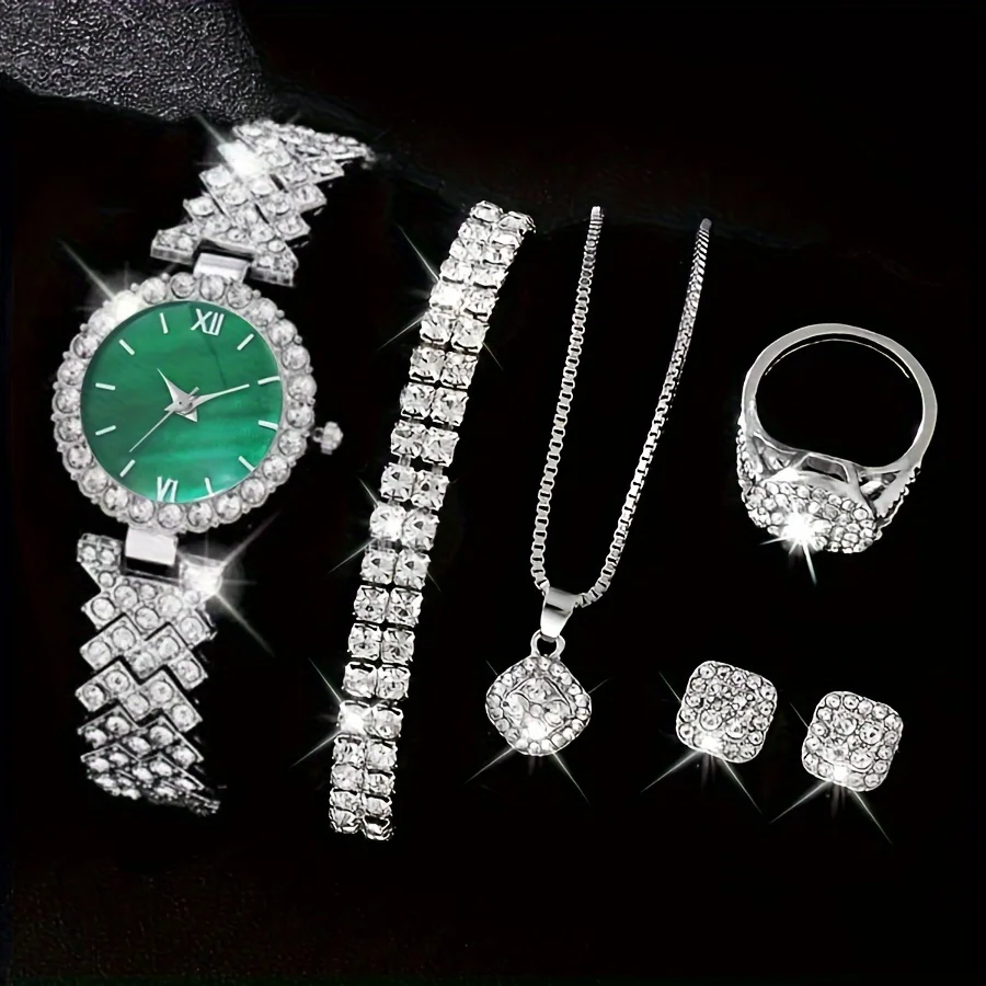 Reloj de cuarzo con diamantes de imitación para mujer, cronógrafo de pulsera analógico con diamantes de imitación brillantes, 6 piezas de joyería de conjunto, regalo para mamá y ella