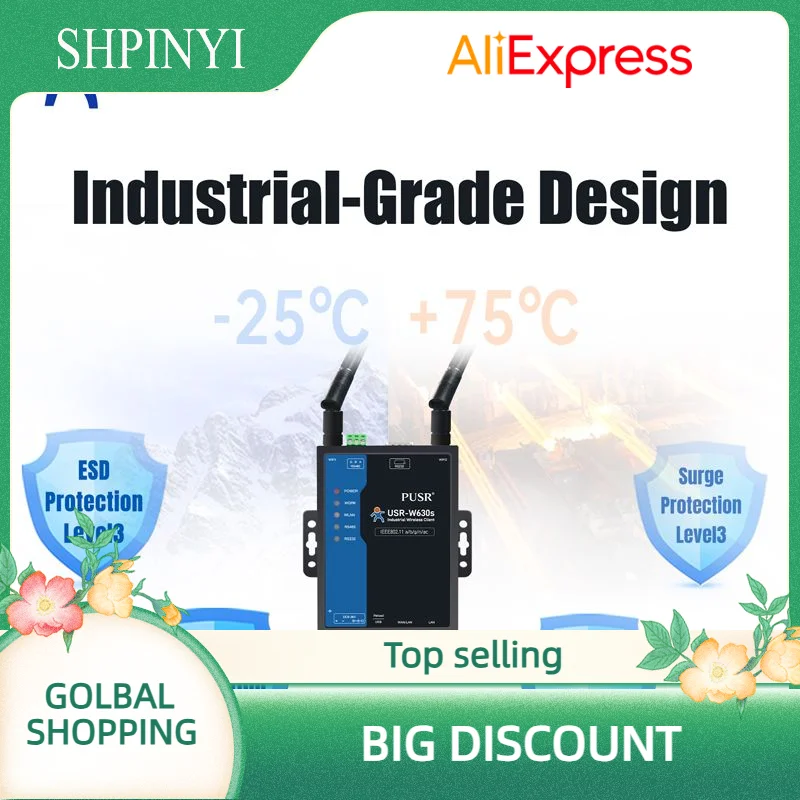 

USR-W630s Двухдиапазонный промышленный WIFi5 Беспроводной шлюз для клиента Modbus MQTT 2 порта Ethernet rs232 преобразователь RS485 в WiFi