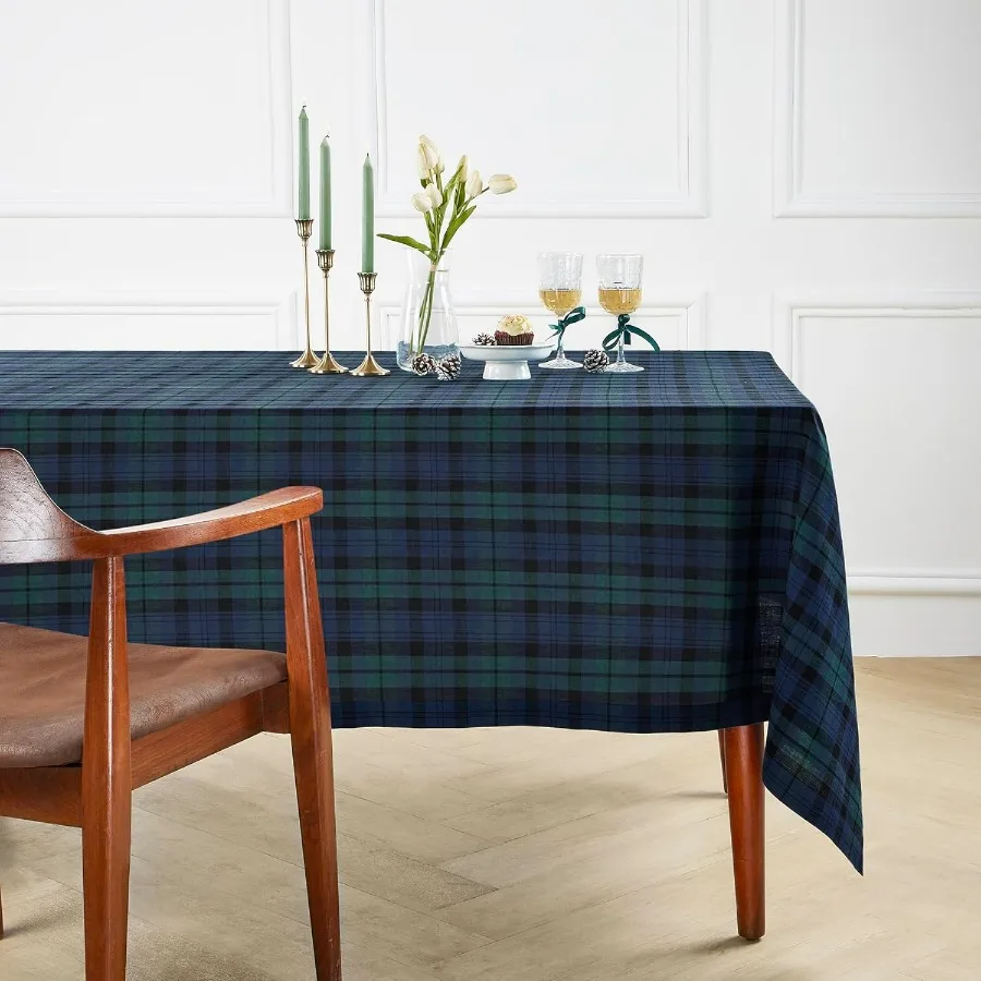 

Linen Blackwatch Square Tablecloth 52 x 52 Inch - 100% Pure Linen Blue and Green Christmas Plaid Table Throw - Handcrafted and M