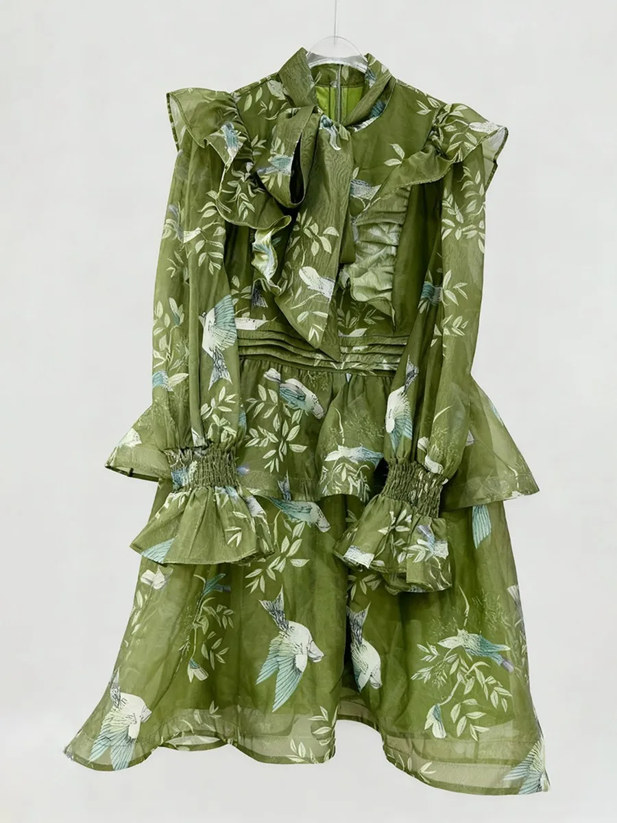 투트윈스타일 우아한 프린팅 시스루 러플 드레스 여성용 V넥 긴팔 하이웨이스트 기품있는 드레스