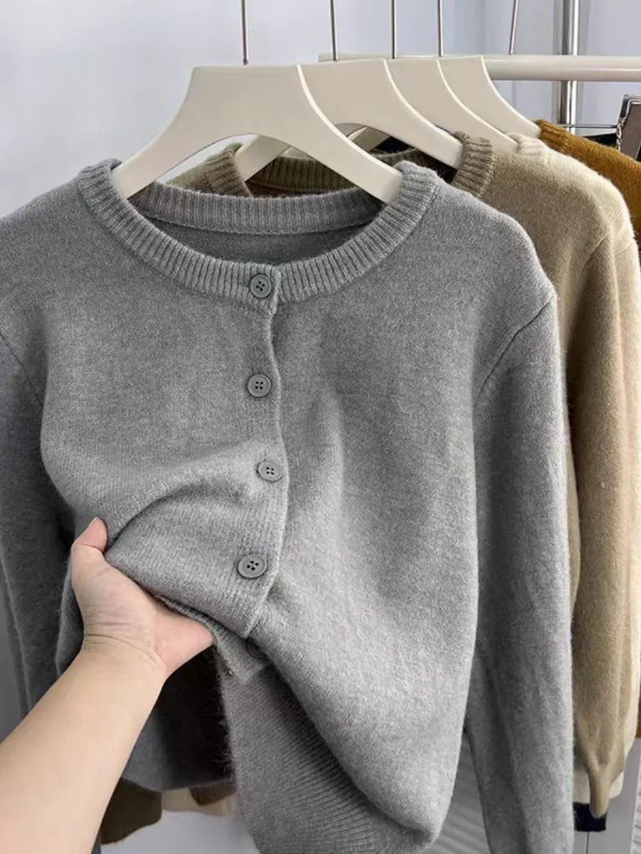 

Soft Cozy round Ne Knitted Open Cardigan Women's Loose Fit Autumn Winter Pure Color Versatile Layering Sweater Jaet