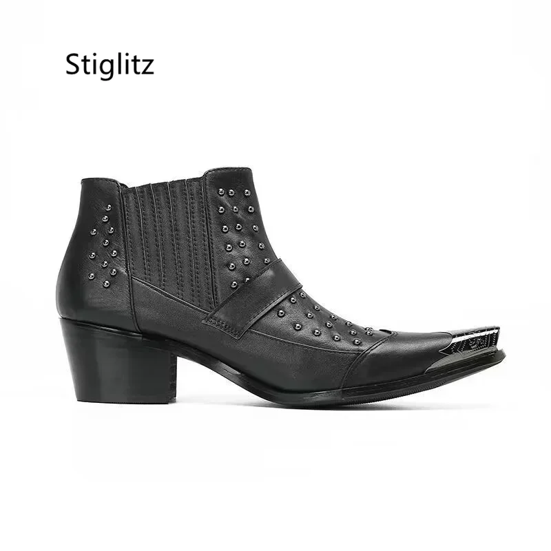 Men's Belt Buckle Rivet Slip On Ankle Boots with Heels Metal Toe Genuine Leather Boots for Men Business Dress Wedding Shoes