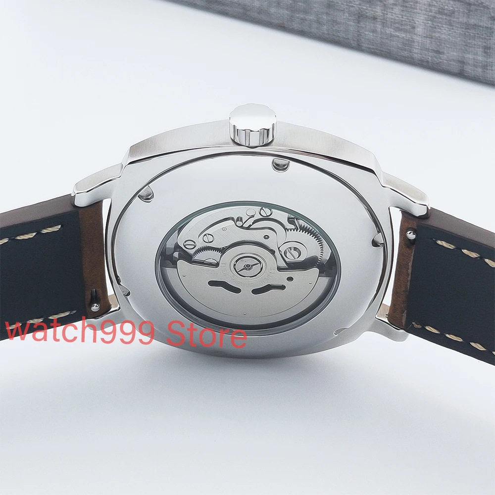 กระจกแซฟไฟร์นาฬิกาผู้ชายอัตโนมัติRelogio Masculino 42mmNH35 สายหนังสีขาวสีดําDialผู้ชายWatc