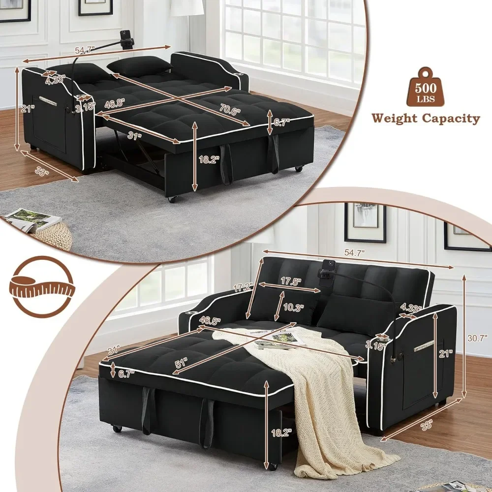 Convertible Futon Sofa Bed with Adjustable Backrest and 2 USB Charging Ports, Convertible Velvet Sleeper, Sofa with 2 Seats