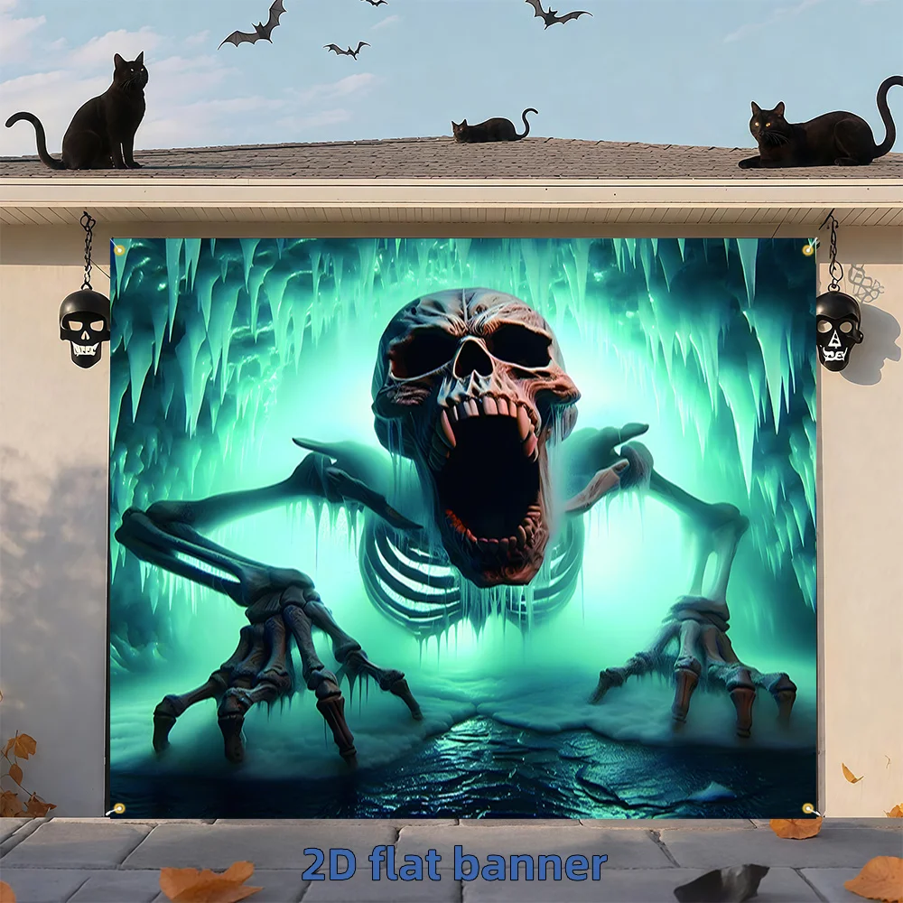 Bannière de porte de garage Happy Halloween, 1 pièce, avec crâne à bouche ouverte et os de crâne à main étendu, fournitures de fête d'halloween