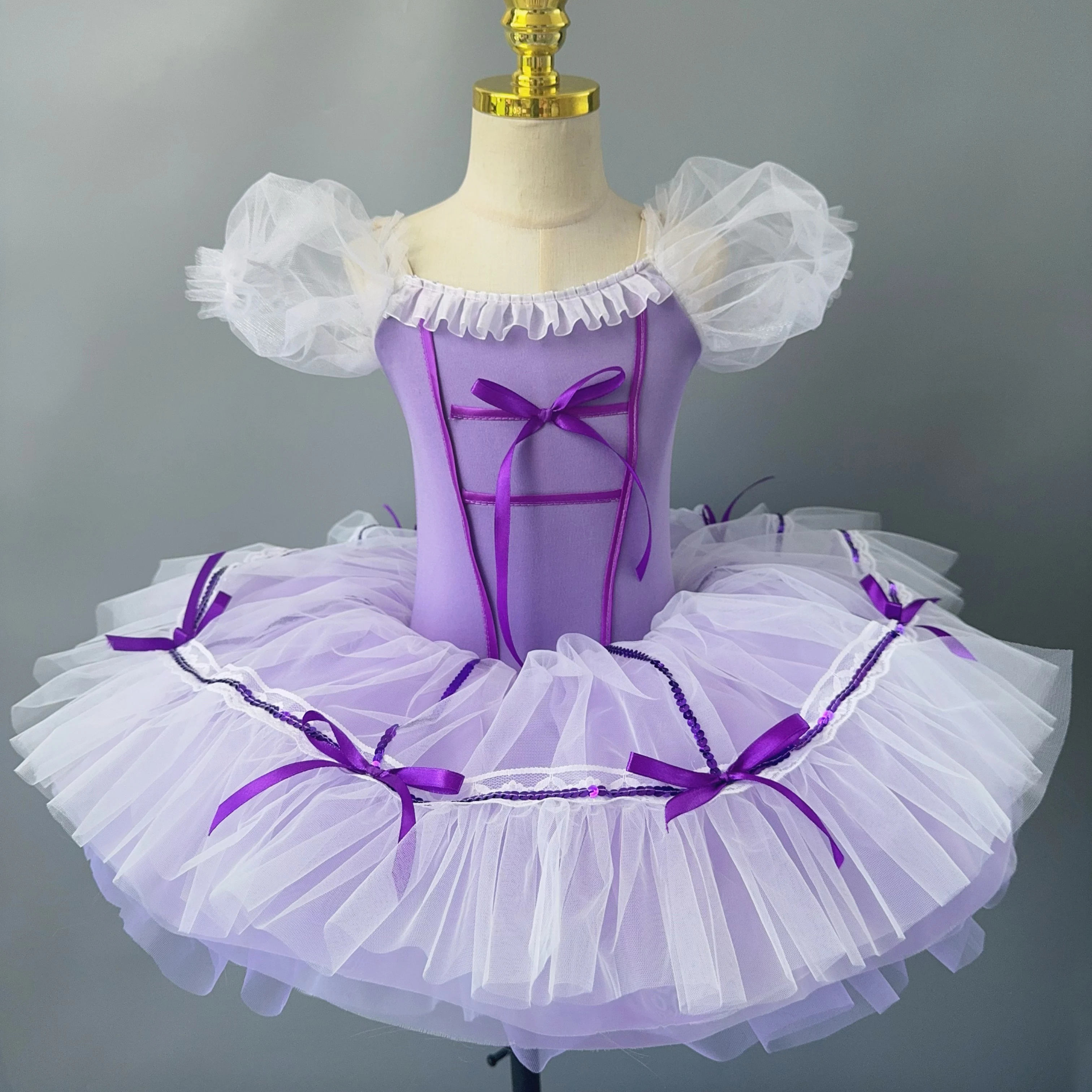 

New Ballet Kids Dress Dance Tutu Romantic Bow Costumes Puff Sleeve Stage Performance Dance Wear Girls Ballet Leotard For Kids