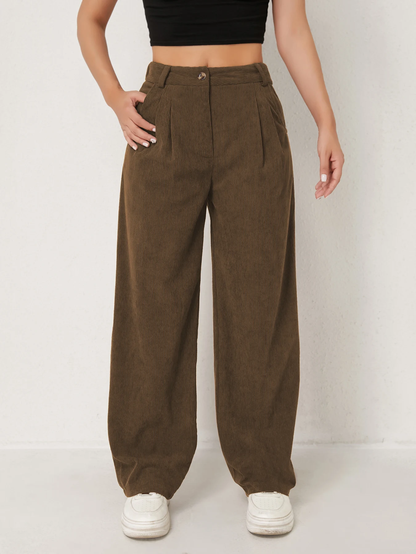Neue Herbst- und Winter-Freizeitanzüge für Damen in Unifarben aus Cord mit weitem Bein und geraden, samtartigen Hosen, die schlank aussehen – Detail 1