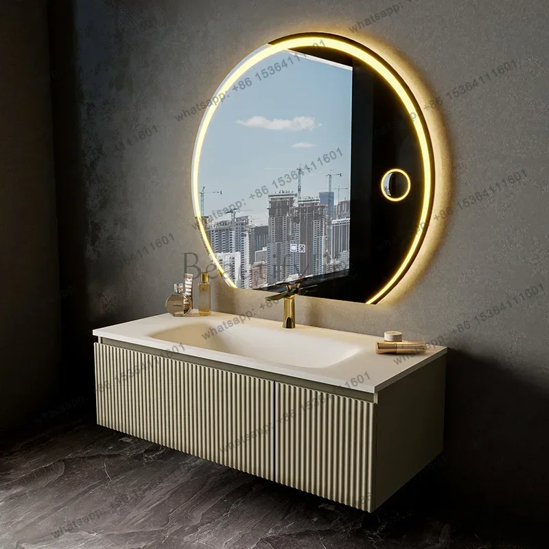 

Waterproof solid wood bathroom cabinet ceramic integrated basin French toilet washstand skin feel