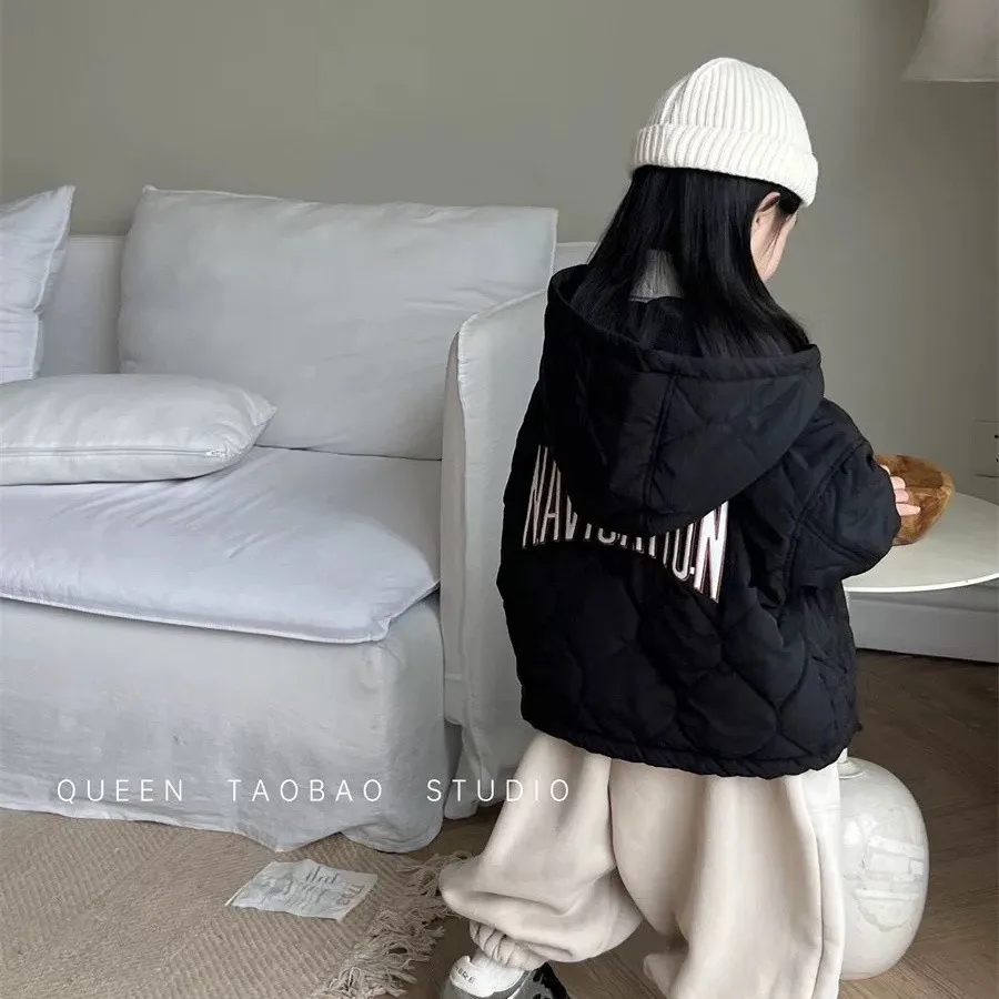 Children's cotton coat Korean version autumn and winter new girls' letter embroidery hooded cotton coat baby warm jacket